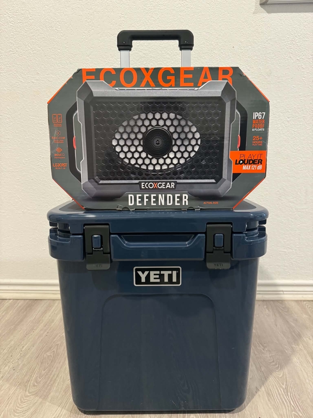 YETI Navy Blue Hard Cooler with ECOXGEAR Defender Speaker